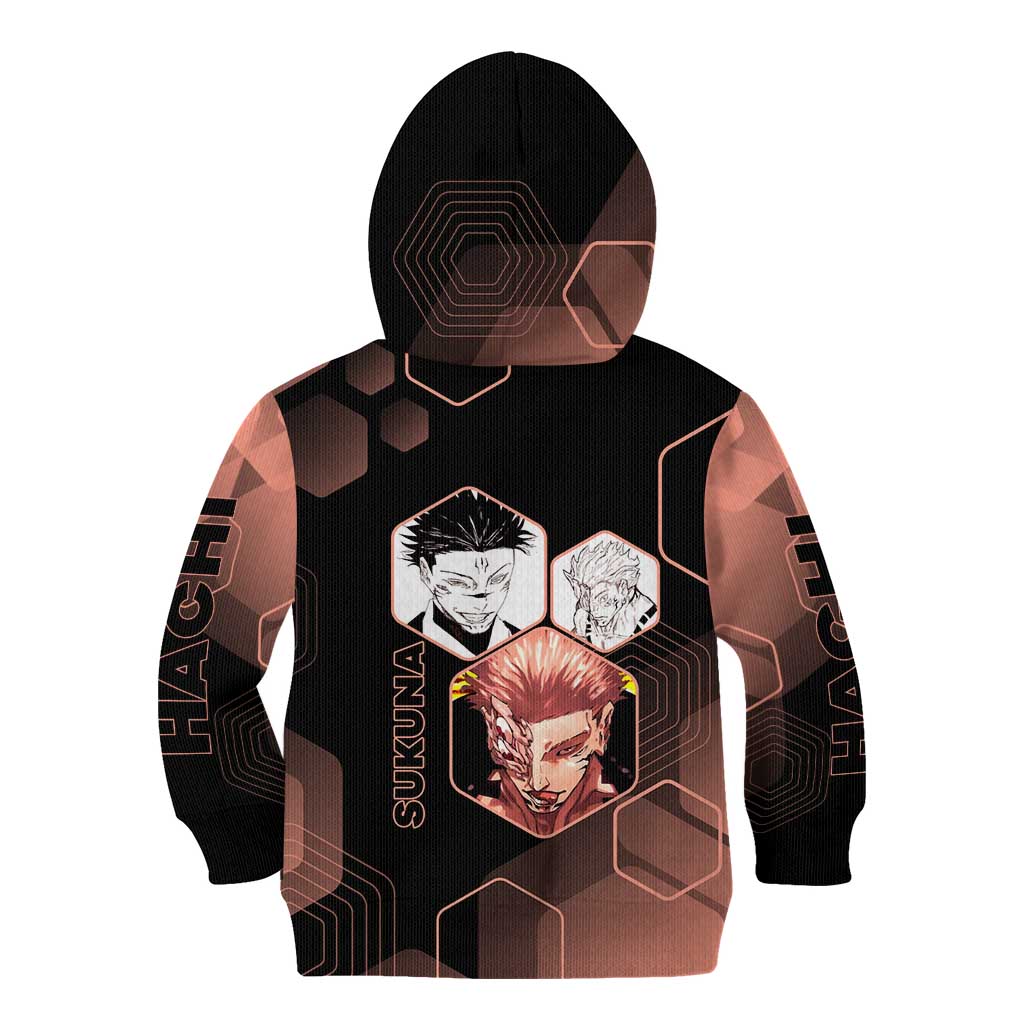 Ryomen Sukuna Jujutsu Kaisen Brown Hexagon Design Kid Hoodie with Cursed Marks and Manga Style Art - The Mazicc
