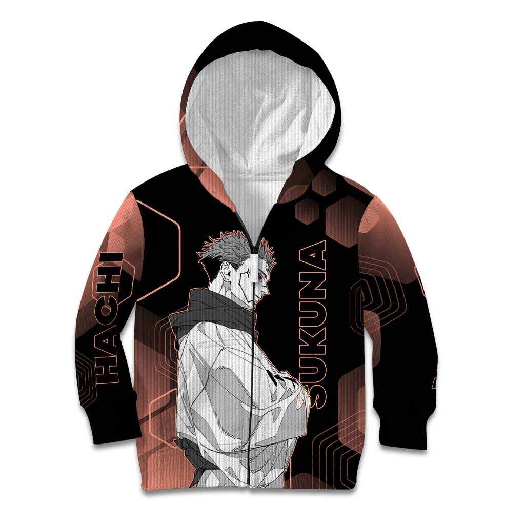 Ryomen Sukuna Jujutsu Kaisen Brown Hexagon Design Kid Hoodie with Cursed Marks and Manga Style Art - The Mazicc