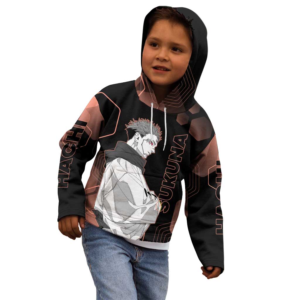 Ryomen Sukuna Jujutsu Kaisen Brown Hexagon Design Kid Hoodie with Cursed Marks and Manga Style Art - The Mazicc