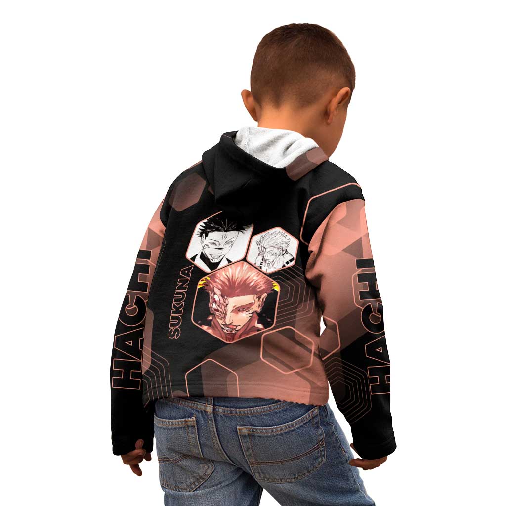 Ryomen Sukuna Jujutsu Kaisen Brown Hexagon Design Kid Hoodie with Cursed Marks and Manga Style Art - The Mazicc