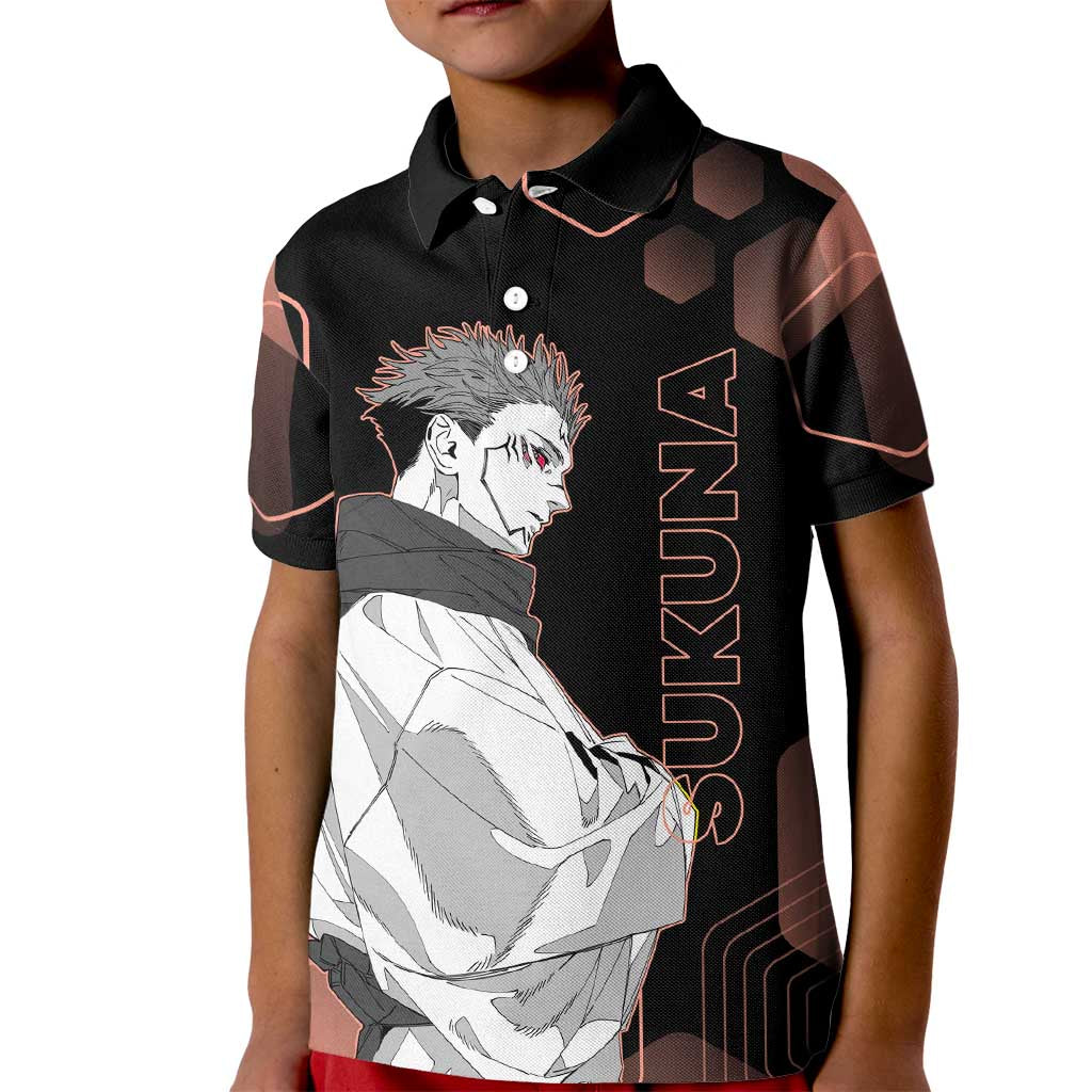 Ryomen Sukuna Jujutsu Kaisen Brown Hexagon Design Kid Polo Shirt with Cursed Marks and Manga Style Art - The Mazicc