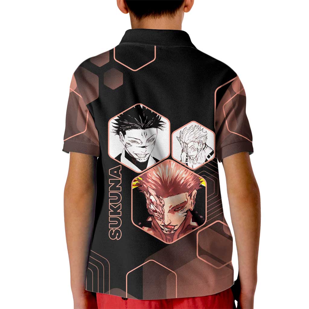 Ryomen Sukuna Jujutsu Kaisen Brown Hexagon Design Kid Polo Shirt with Cursed Marks and Manga Style Art - The Mazicc