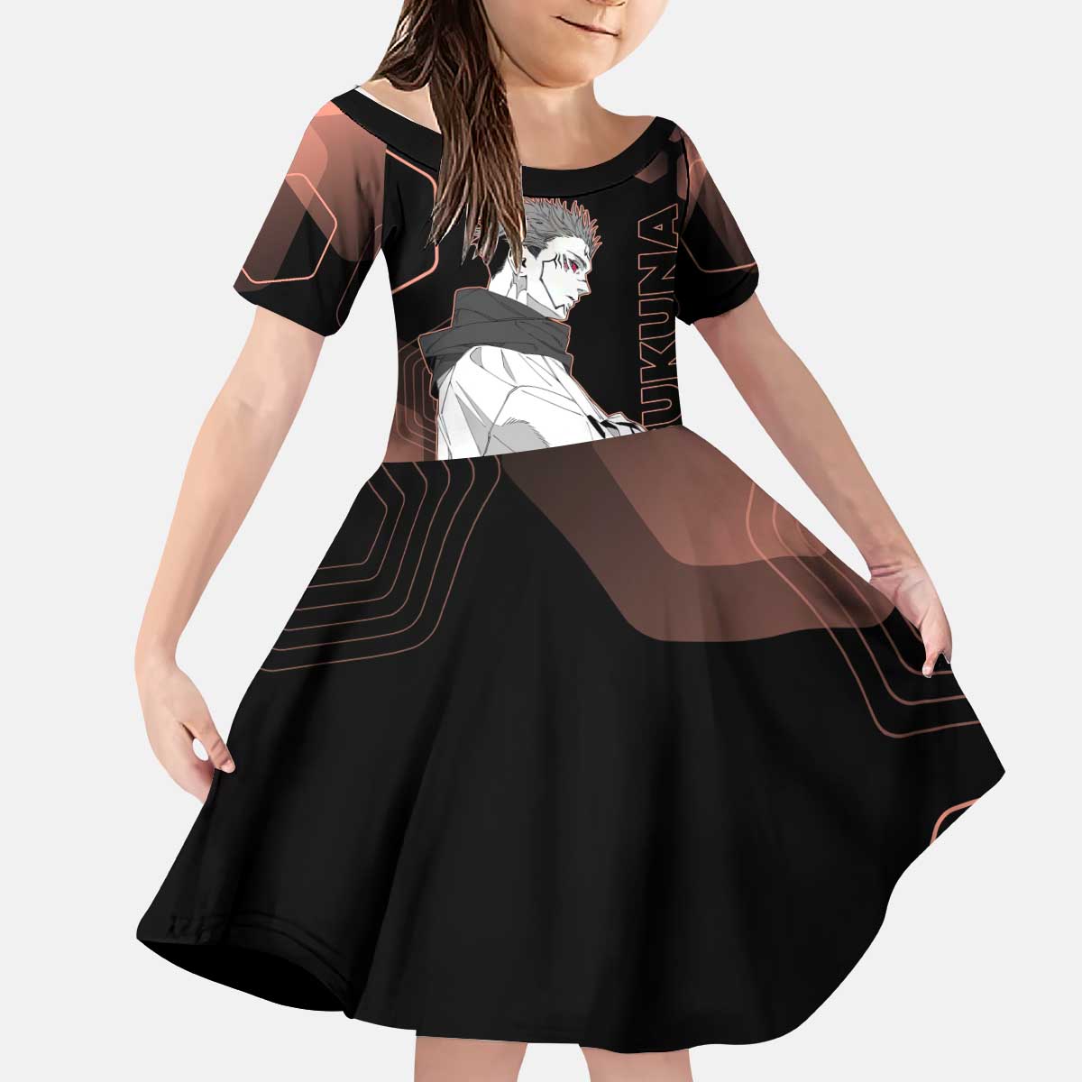 Ryomen Sukuna Jujutsu Kaisen Brown Hexagon Design Kid Short Sleeve Dress with Cursed Marks and Manga Style Art - The Mazicc