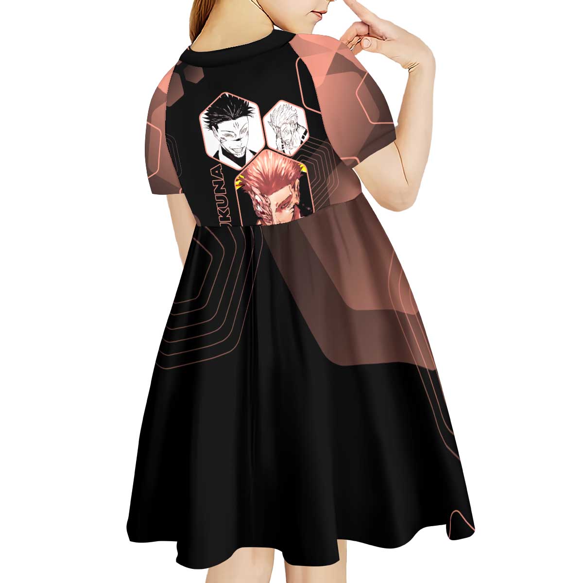 Ryomen Sukuna Jujutsu Kaisen Brown Hexagon Design Kid Short Sleeve Dress with Cursed Marks and Manga Style Art - The Mazicc
