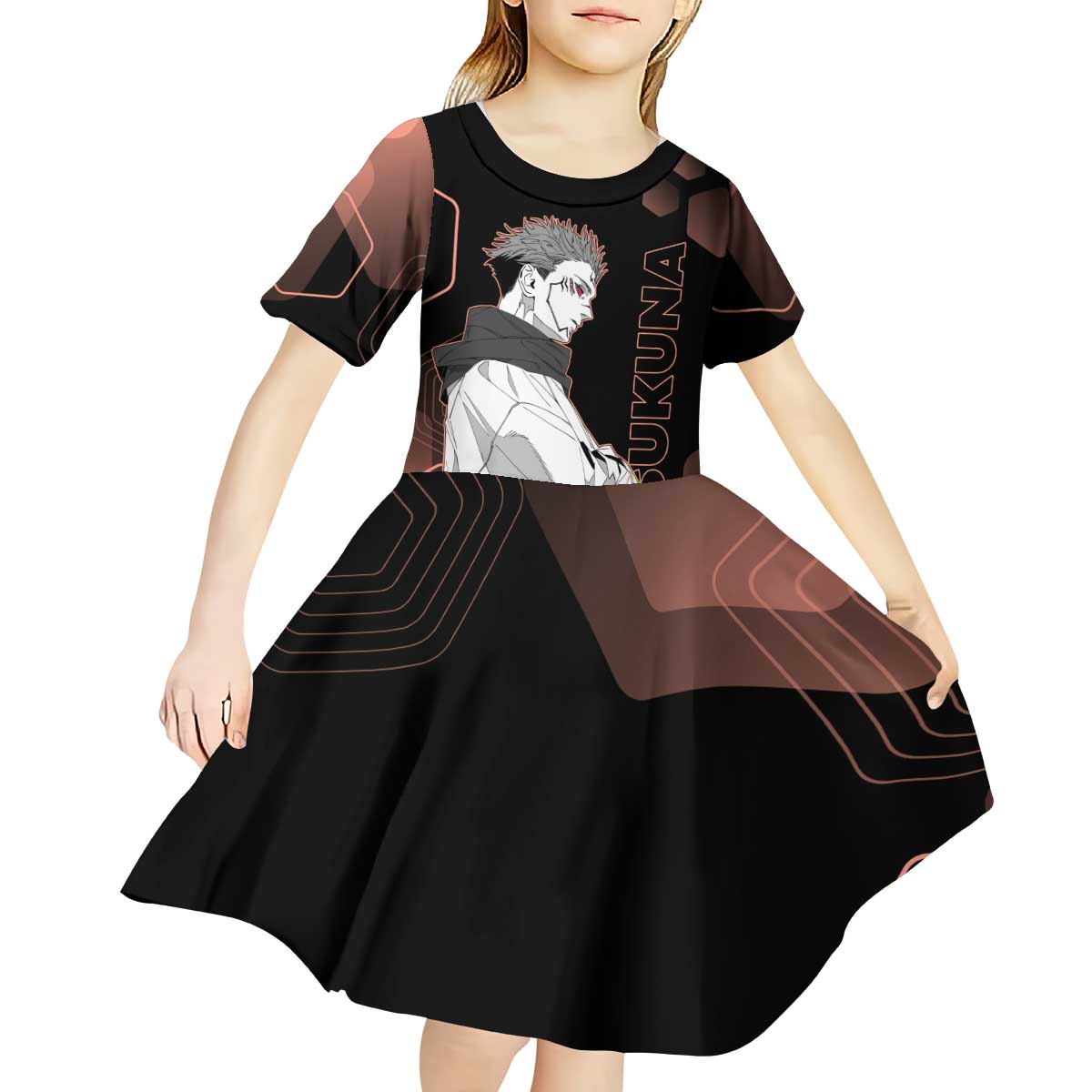 Ryomen Sukuna Jujutsu Kaisen Brown Hexagon Design Kid Short Sleeve Dress with Cursed Marks and Manga Style Art - The Mazicc