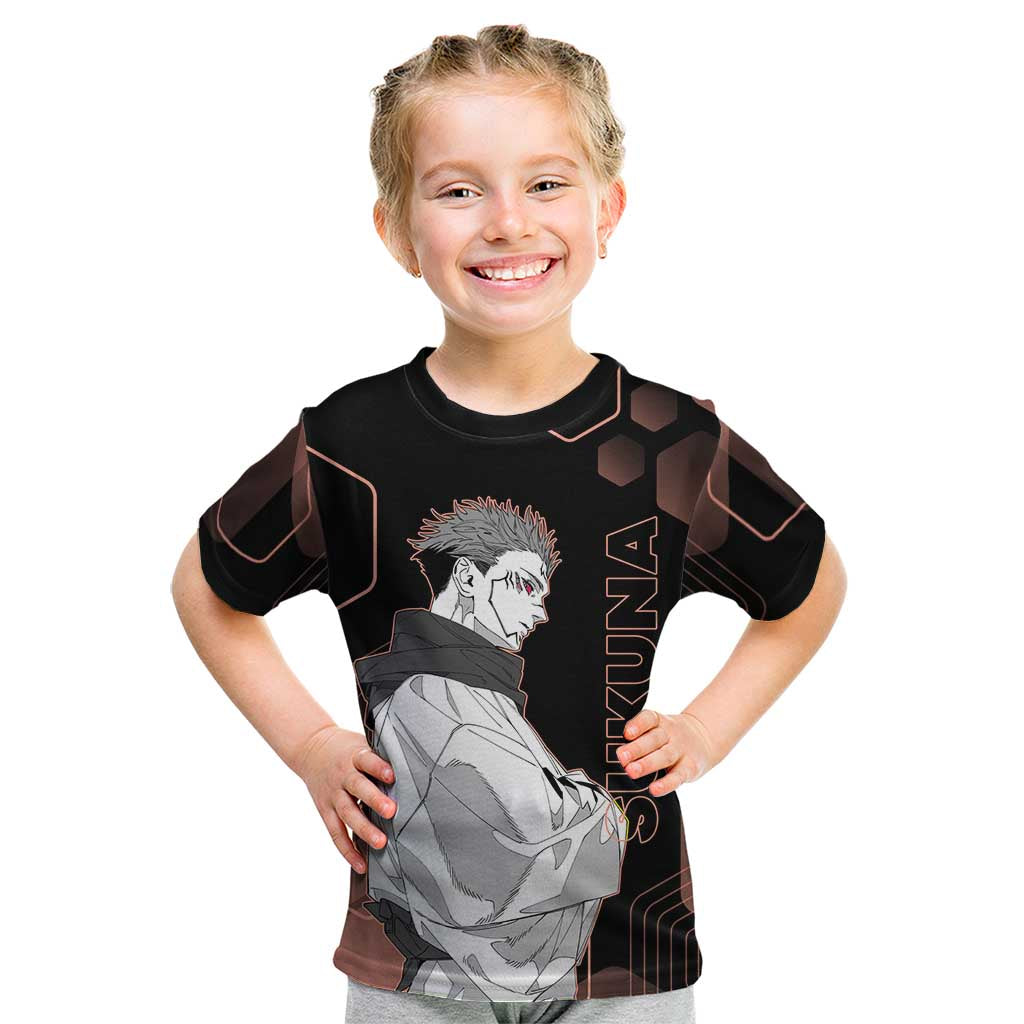 Ryomen Sukuna Jujutsu Kaisen Brown Hexagon Design Kid T Shirt with Cursed Marks and Manga Style Art - The Mazicc
