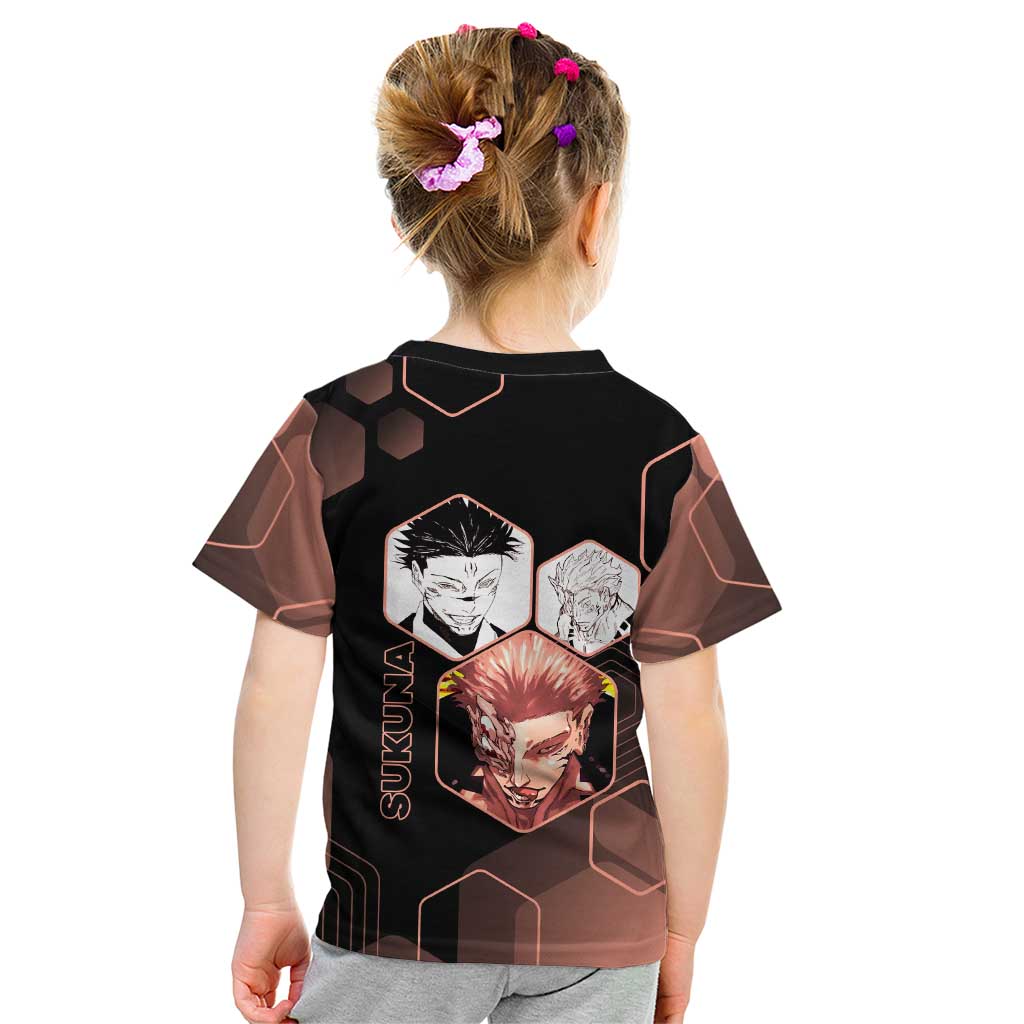 Ryomen Sukuna Jujutsu Kaisen Brown Hexagon Design Kid T Shirt with Cursed Marks and Manga Style Art - The Mazicc