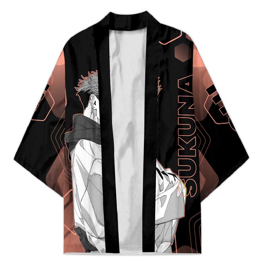 Ryomen Sukuna Jujutsu Kaisen Brown Hexagon Design Kimono with Cursed Marks and Manga Style Art - The Mazicc