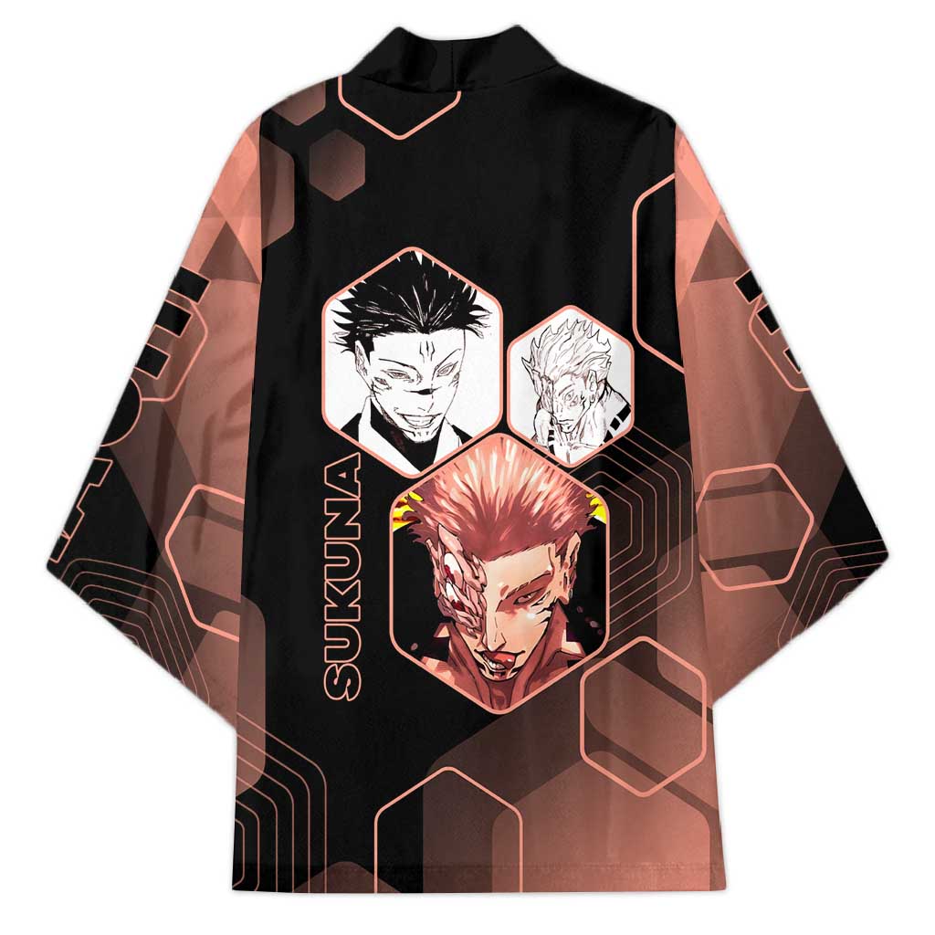 Ryomen Sukuna Jujutsu Kaisen Brown Hexagon Design Kimono with Cursed Marks and Manga Style Art - The Mazicc