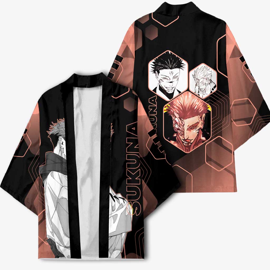 Ryomen Sukuna Jujutsu Kaisen Brown Hexagon Design Kimono with Cursed Marks and Manga Style Art - The Mazicc