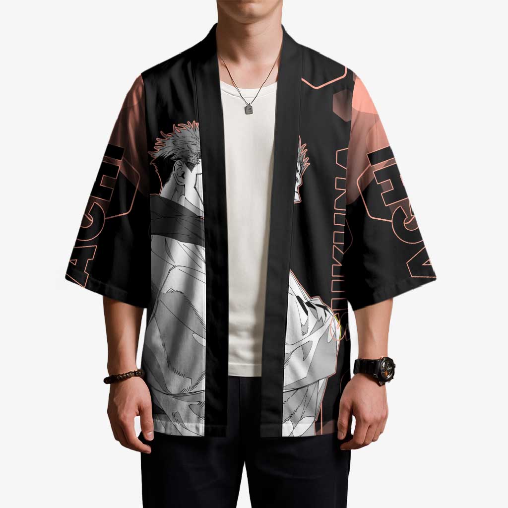 Ryomen Sukuna Jujutsu Kaisen Brown Hexagon Design Kimono with Cursed Marks and Manga Style Art - The Mazicc