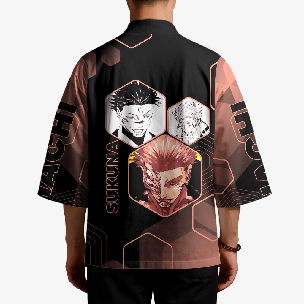 Ryomen Sukuna Jujutsu Kaisen Brown Hexagon Design Kimono with Cursed Marks and Manga Style Art - The Mazicc