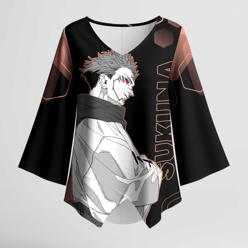 Ryomen Sukuna Jujutsu Kaisen Brown Hexagon Design Kimono Sleeve Blouse with Cursed Marks and Manga Style Art - The Mazicc