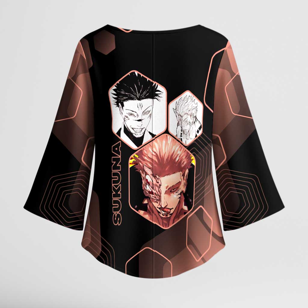 Ryomen Sukuna Jujutsu Kaisen Brown Hexagon Design Kimono Sleeve Blouse with Cursed Marks and Manga Style Art - The Mazicc