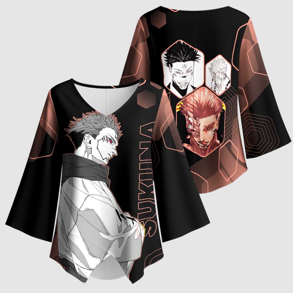 Ryomen Sukuna Jujutsu Kaisen Brown Hexagon Design Kimono Sleeve Blouse with Cursed Marks and Manga Style Art - The Mazicc