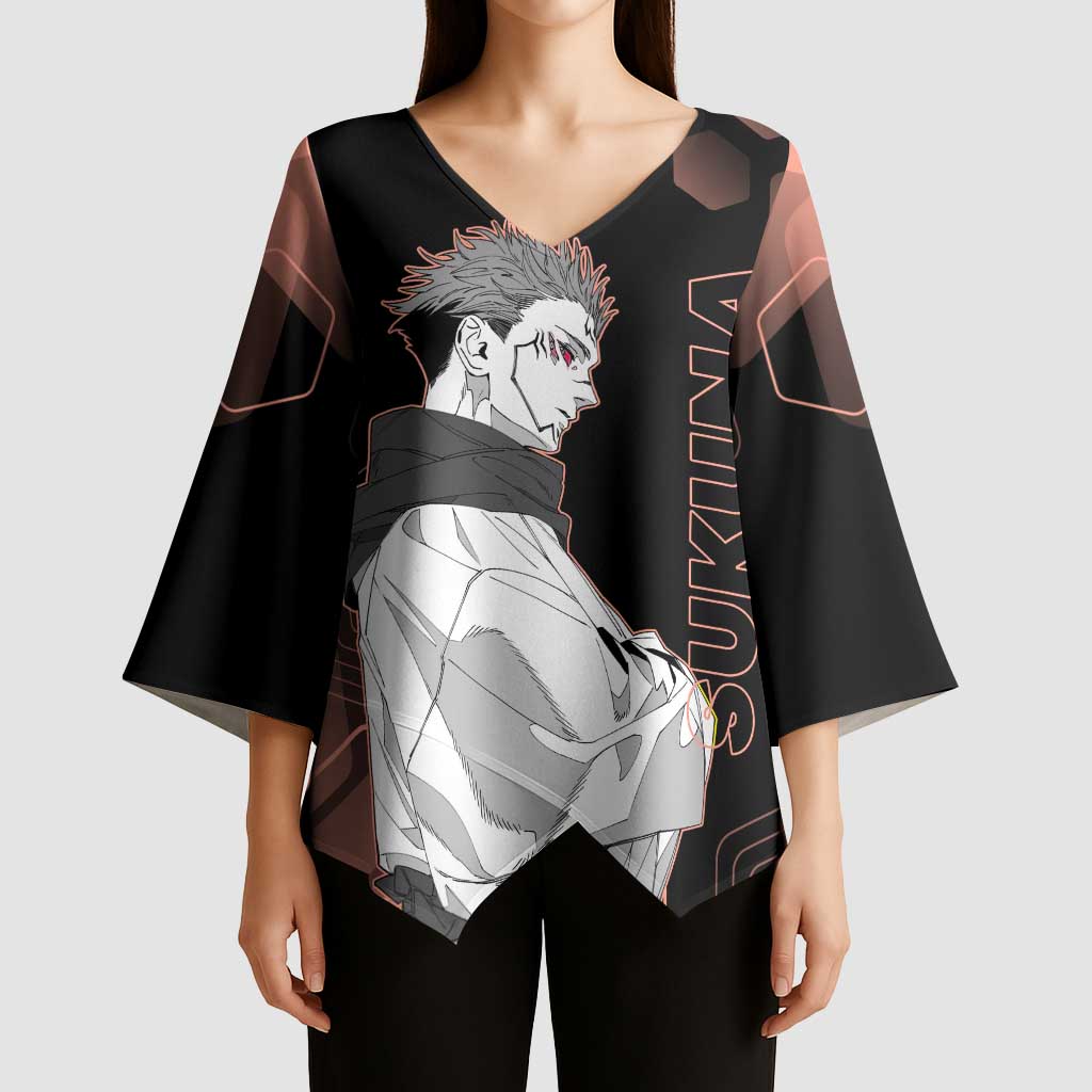 Ryomen Sukuna Jujutsu Kaisen Brown Hexagon Design Kimono Sleeve Blouse with Cursed Marks and Manga Style Art - The Mazicc