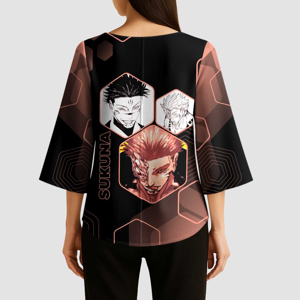 Ryomen Sukuna Jujutsu Kaisen Brown Hexagon Design Kimono Sleeve Blouse with Cursed Marks and Manga Style Art - The Mazicc