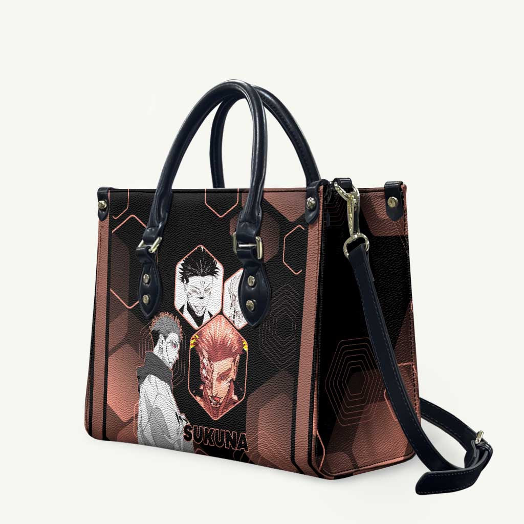 Ryomen Sukuna Jujutsu Kaisen Brown Hexagon Design Leather Bag with Cursed Marks and Manga Style Art - The Mazicc