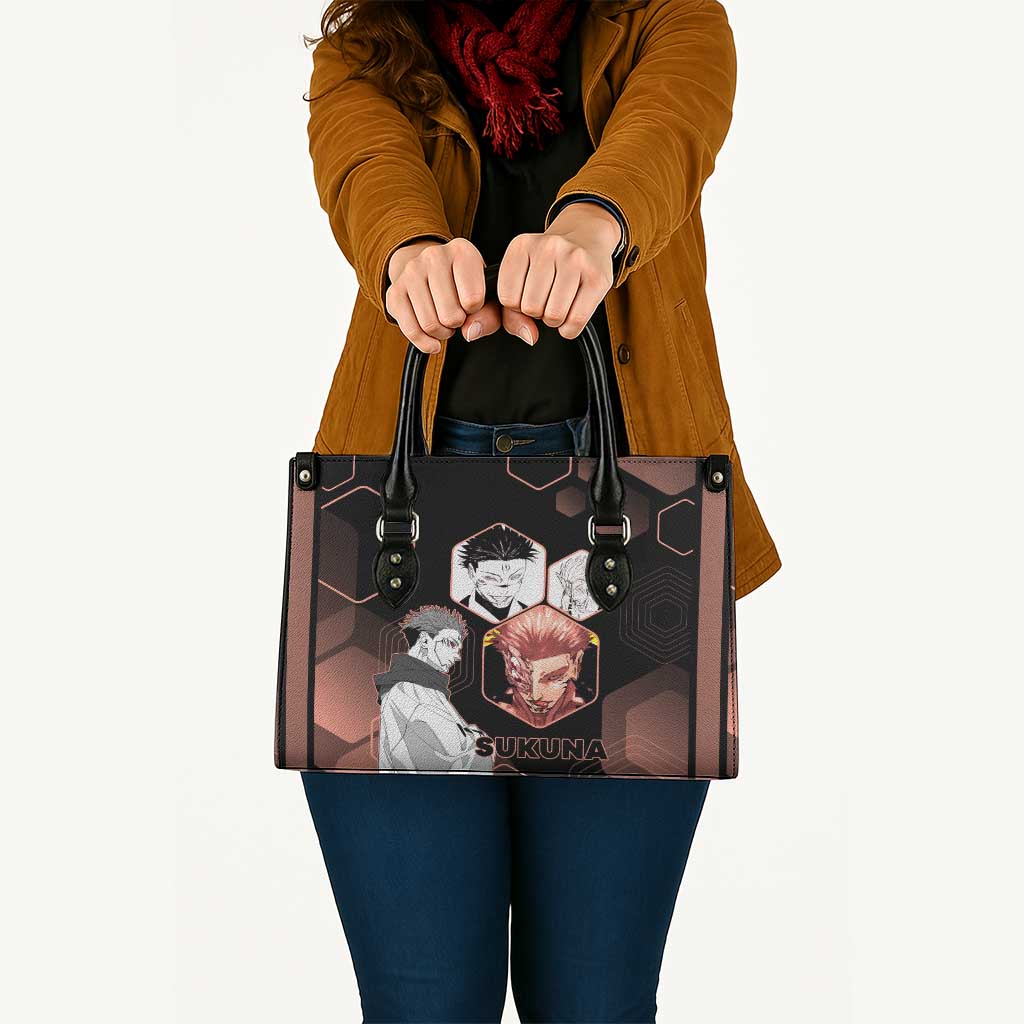 Ryomen Sukuna Jujutsu Kaisen Brown Hexagon Design Leather Bag with Cursed Marks and Manga Style Art - The Mazicc