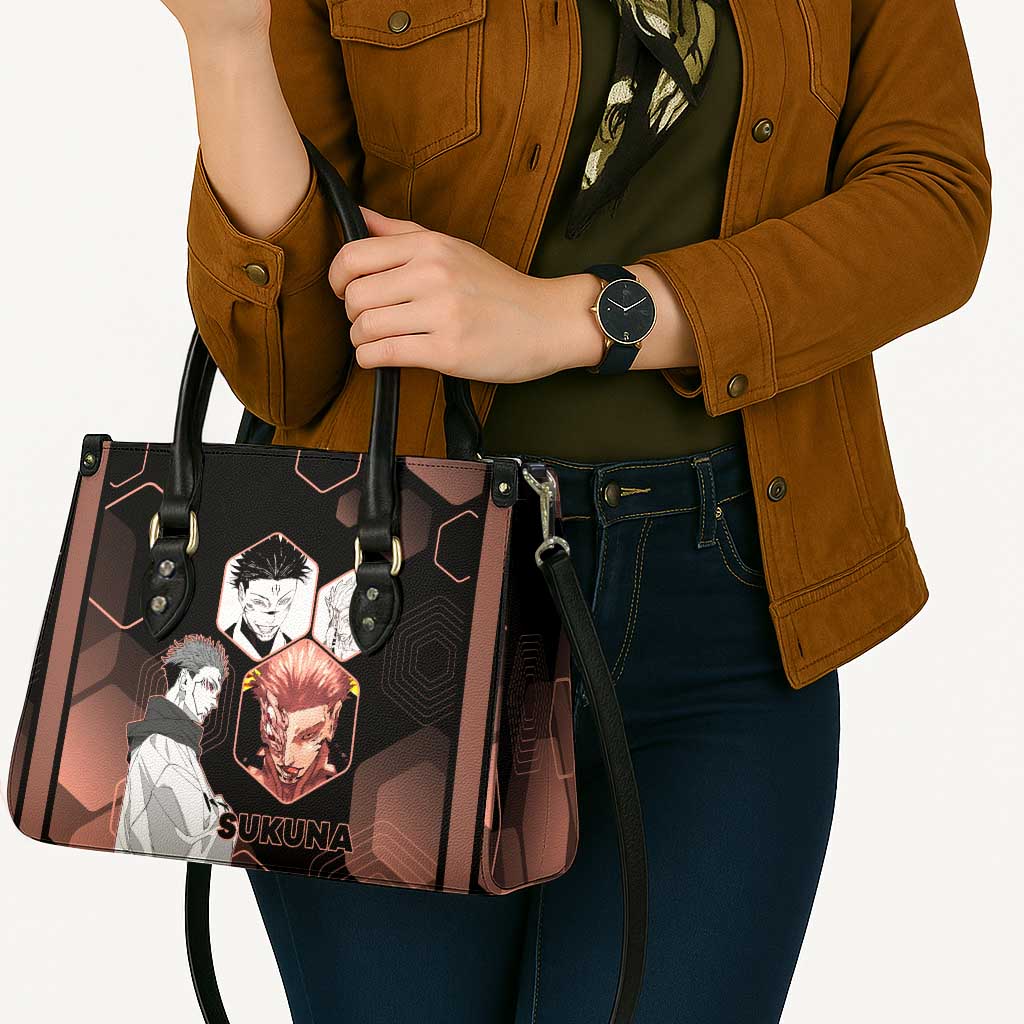Ryomen Sukuna Jujutsu Kaisen Brown Hexagon Design Leather Bag with Cursed Marks and Manga Style Art - The Mazicc