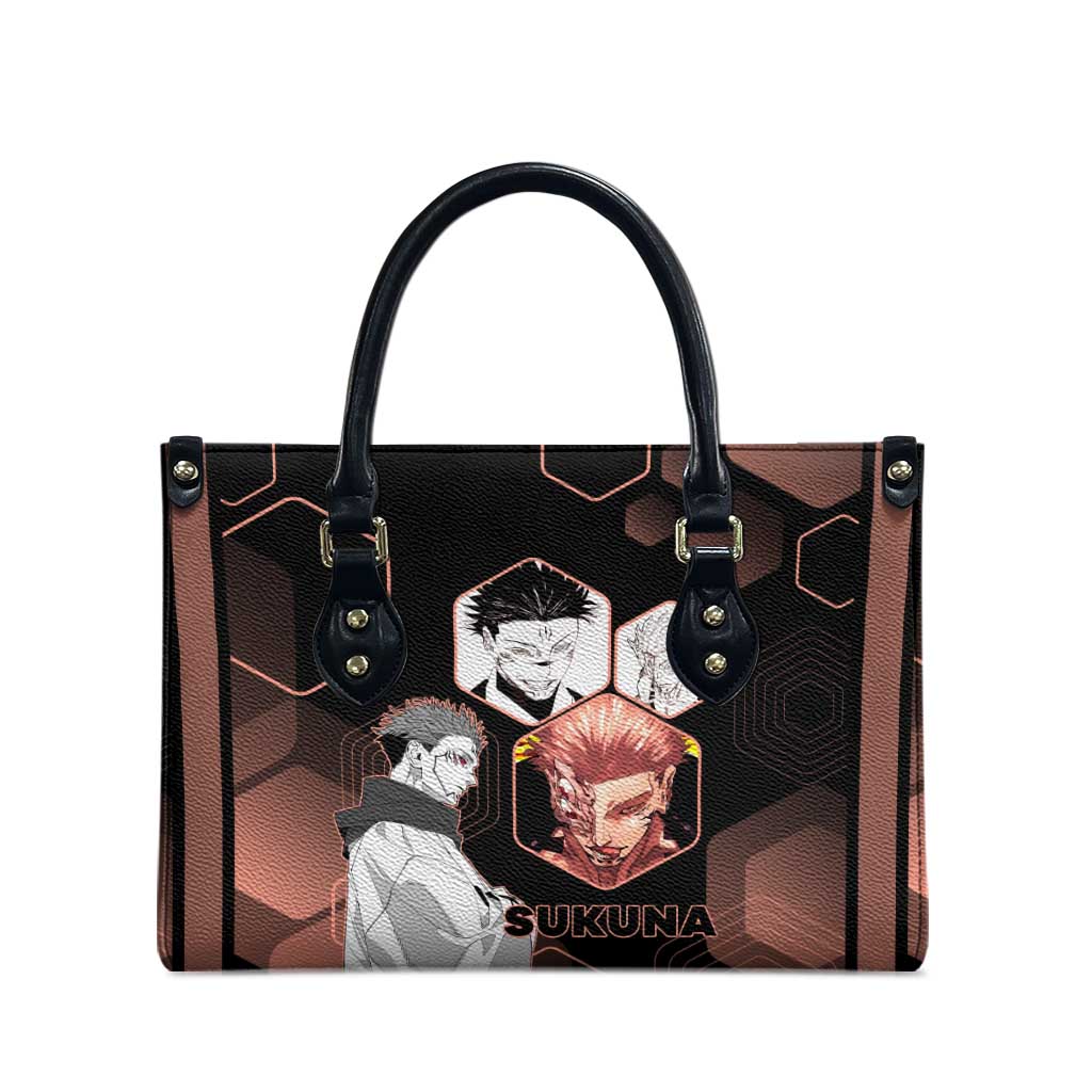 Ryomen Sukuna Jujutsu Kaisen Brown Hexagon Design Leather Bag with Cursed Marks and Manga Style Art - The Mazicc