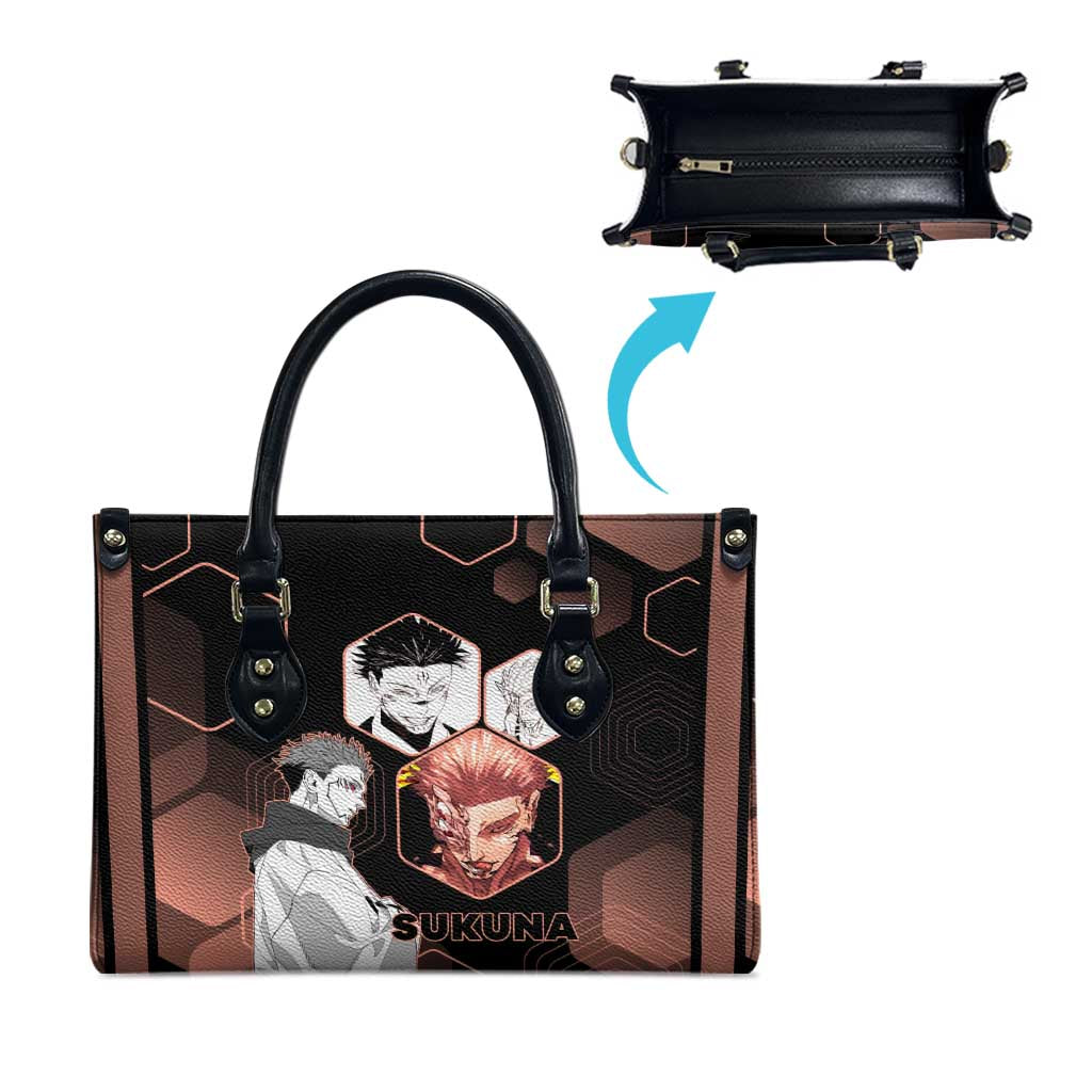 Ryomen Sukuna Jujutsu Kaisen Brown Hexagon Design Leather Bag with Cursed Marks and Manga Style Art - The Mazicc