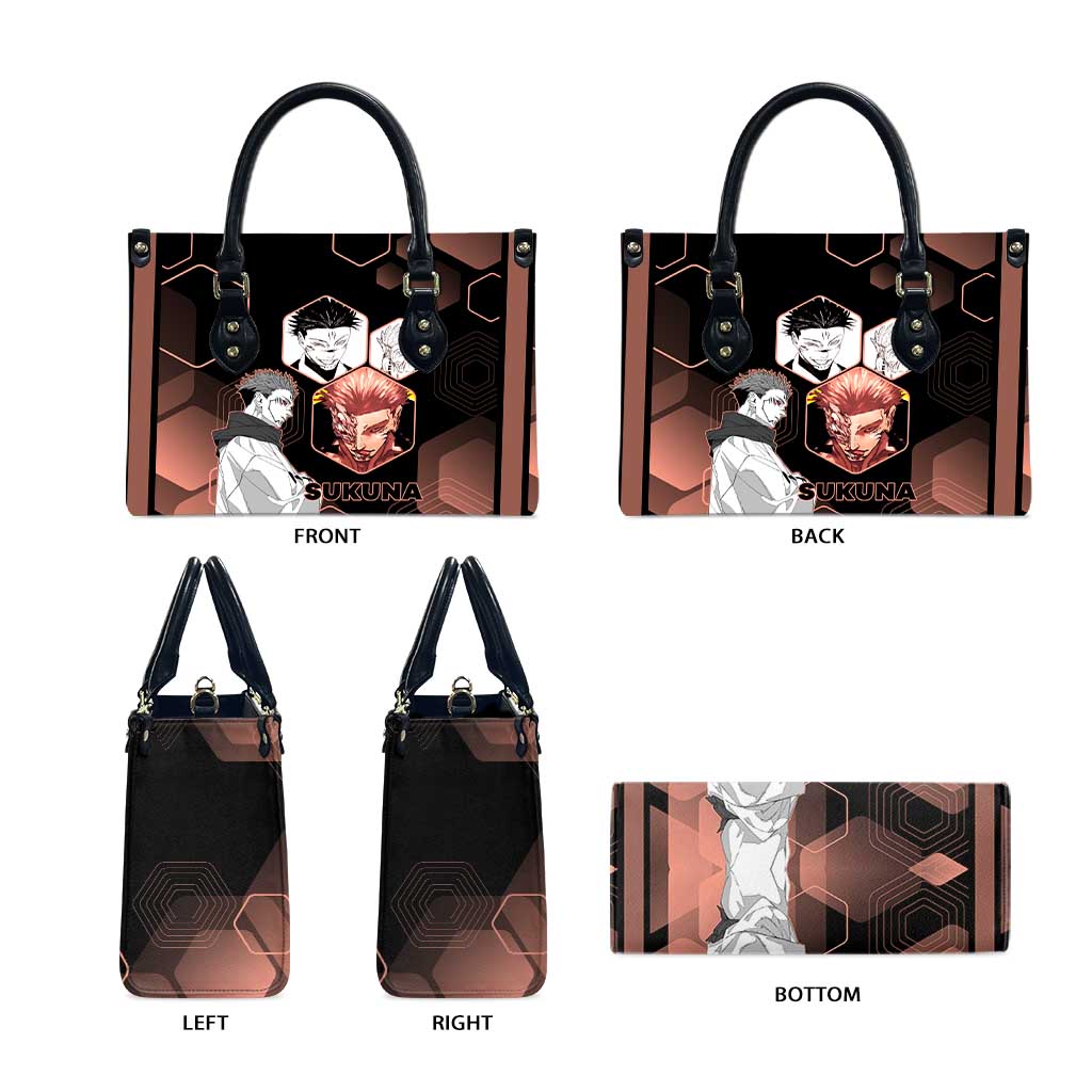 Ryomen Sukuna Jujutsu Kaisen Brown Hexagon Design Leather Bag with Cursed Marks and Manga Style Art - The Mazicc
