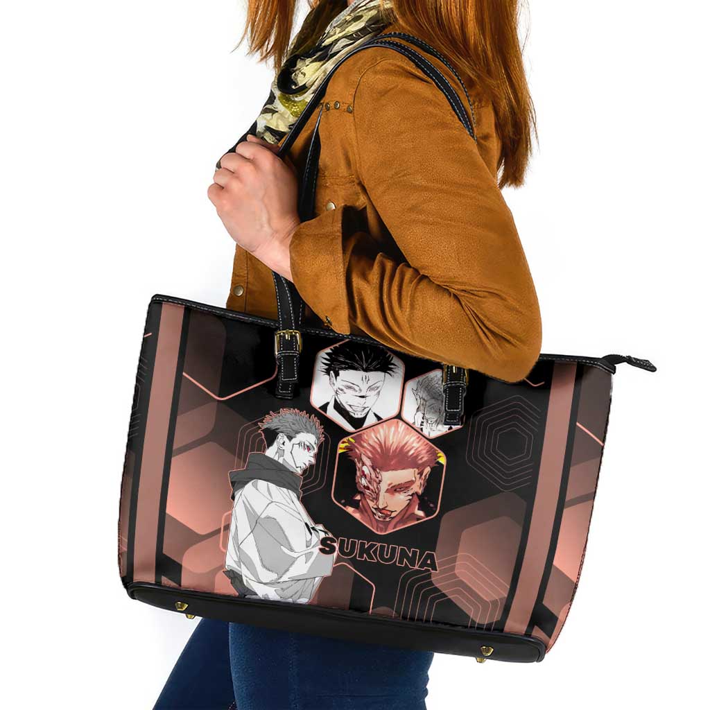 Ryomen Sukuna Jujutsu Kaisen Brown Hexagon Design Leather Tote Bag with Cursed Marks and Manga Style Art - The Mazicc