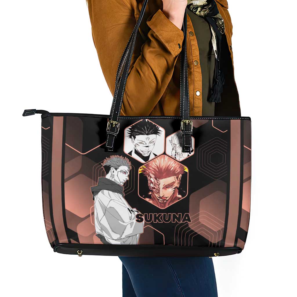 Ryomen Sukuna Jujutsu Kaisen Brown Hexagon Design Leather Tote Bag with Cursed Marks and Manga Style Art - The Mazicc