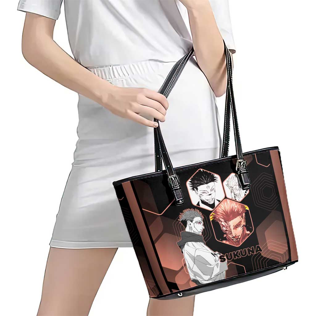 Ryomen Sukuna Jujutsu Kaisen Brown Hexagon Design Leather Tote Bag with Cursed Marks and Manga Style Art - The Mazicc