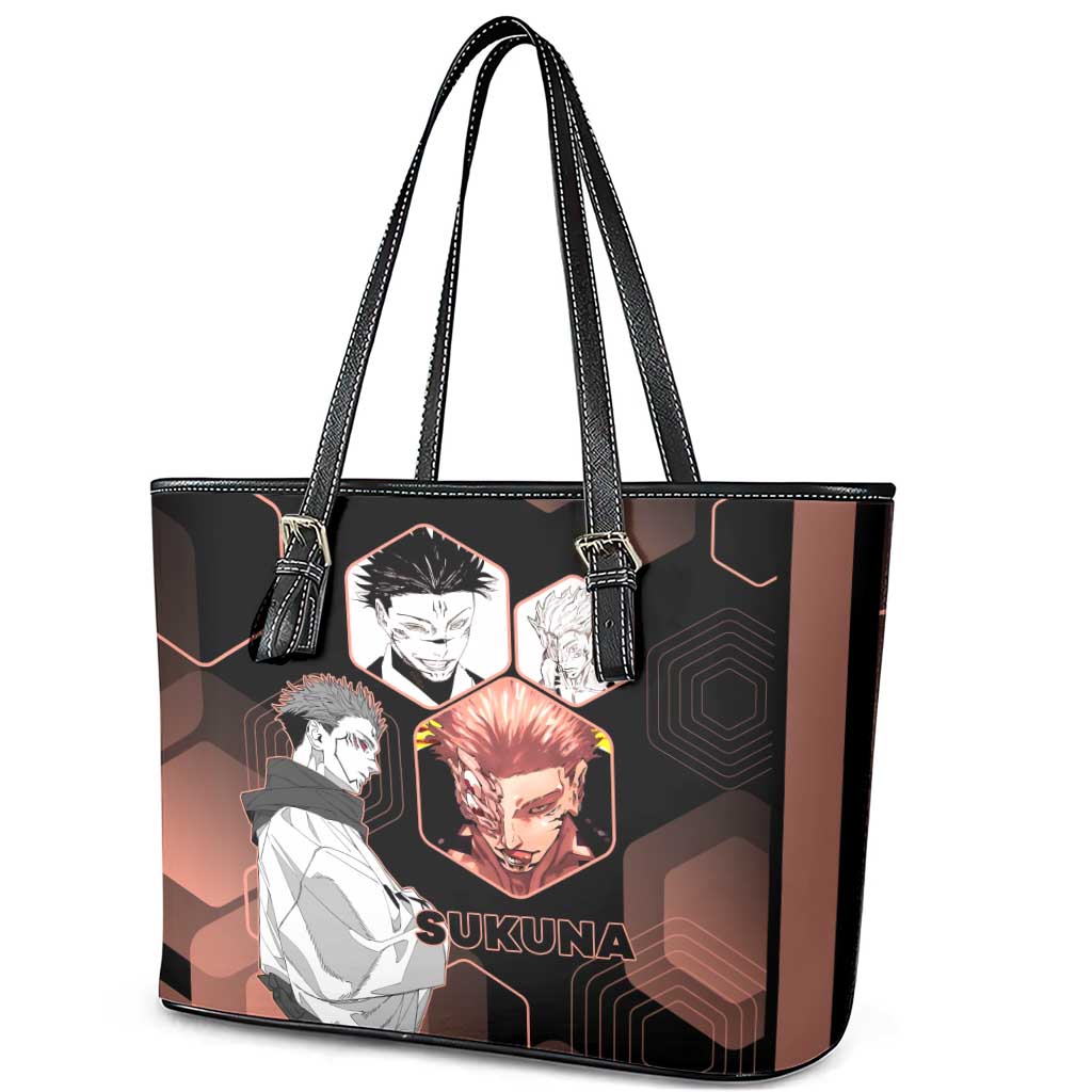 Ryomen Sukuna Jujutsu Kaisen Brown Hexagon Design Leather Tote Bag with Cursed Marks and Manga Style Art - The Mazicc