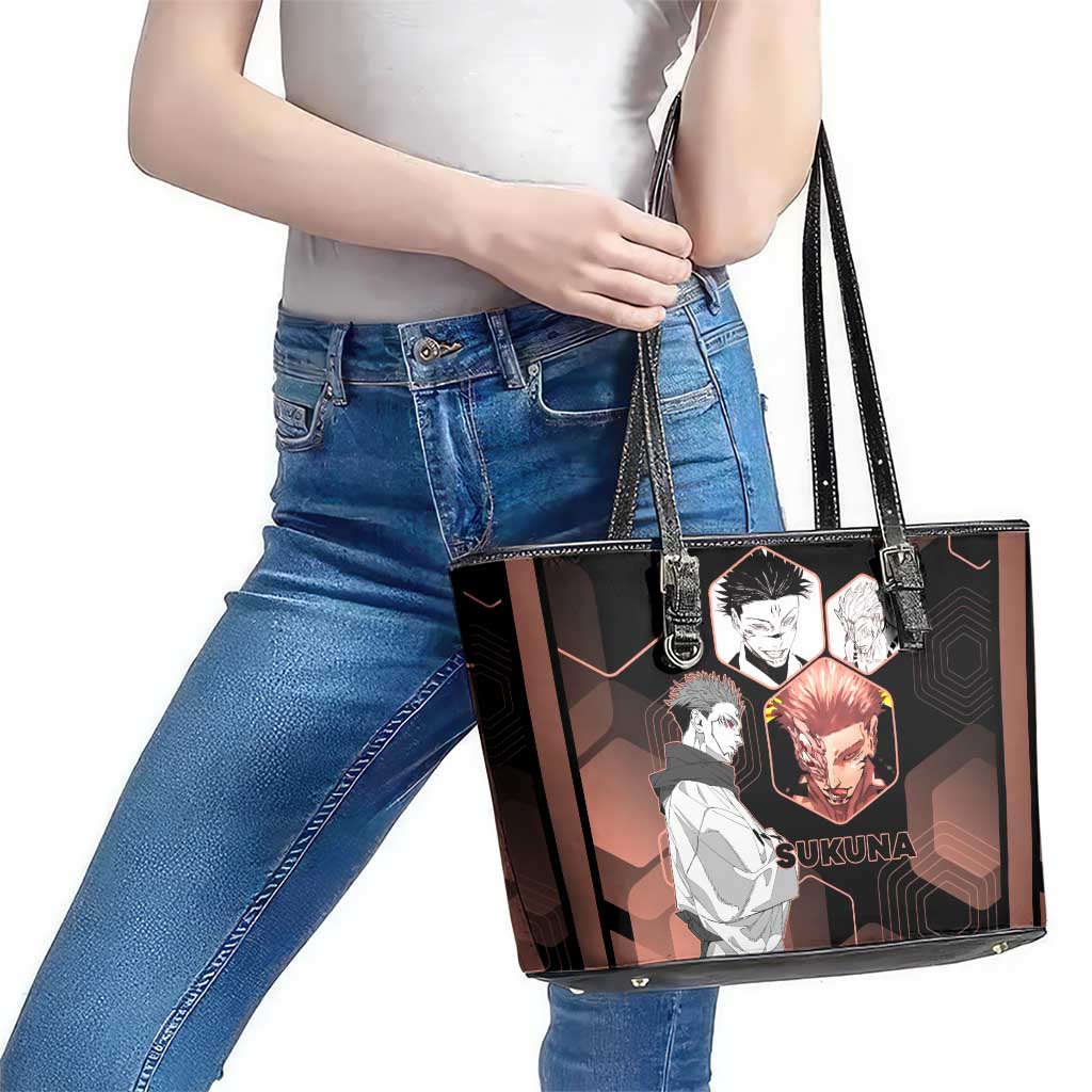 Ryomen Sukuna Jujutsu Kaisen Brown Hexagon Design Leather Tote Bag with Cursed Marks and Manga Style Art - The Mazicc
