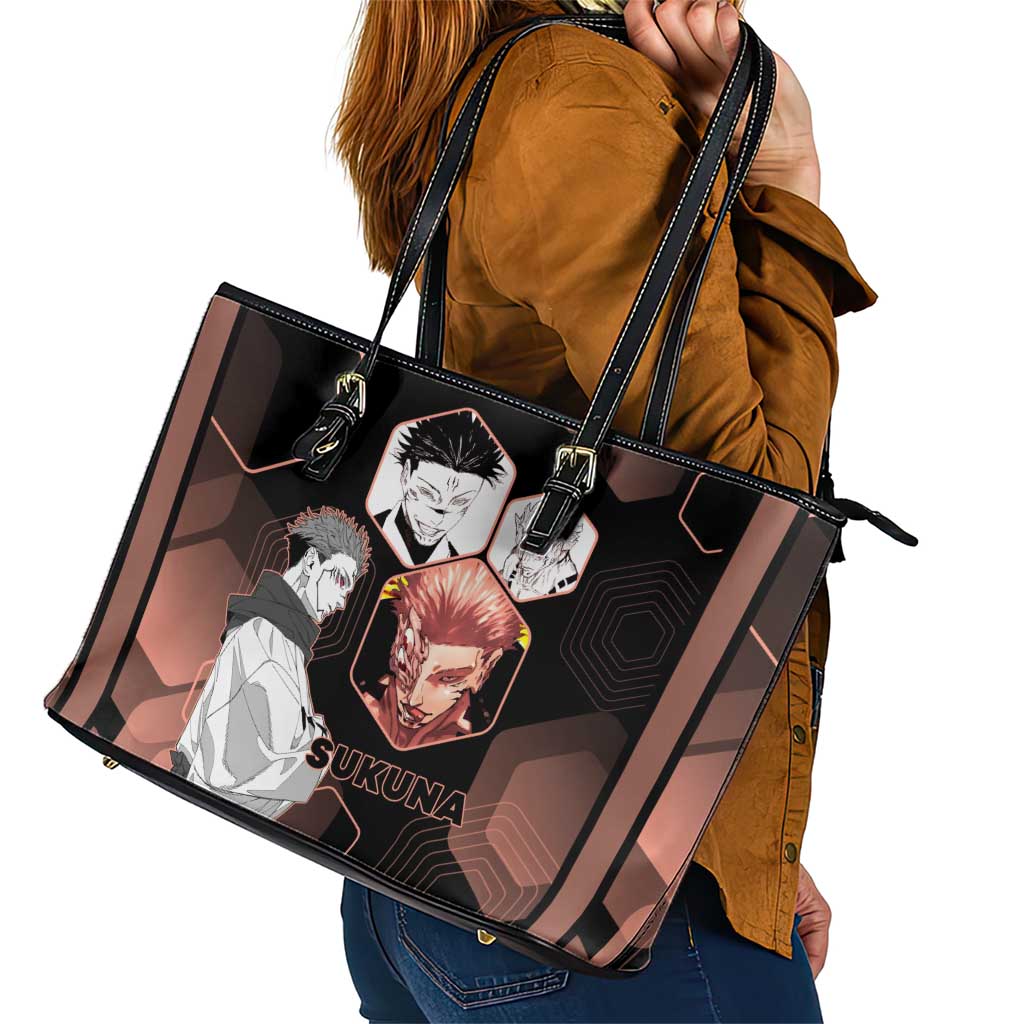 Ryomen Sukuna Jujutsu Kaisen Brown Hexagon Design Leather Tote Bag with Cursed Marks and Manga Style Art - The Mazicc