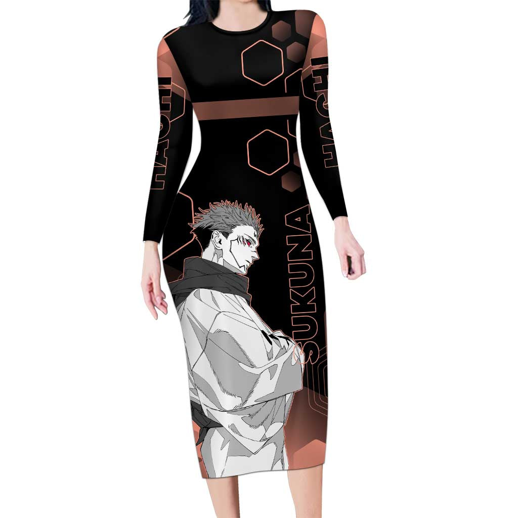 Ryomen Sukuna Jujutsu Kaisen Brown Hexagon Design Long Sleeve Bodycon Dress with Cursed Marks and Manga Style Art - The Mazicc
