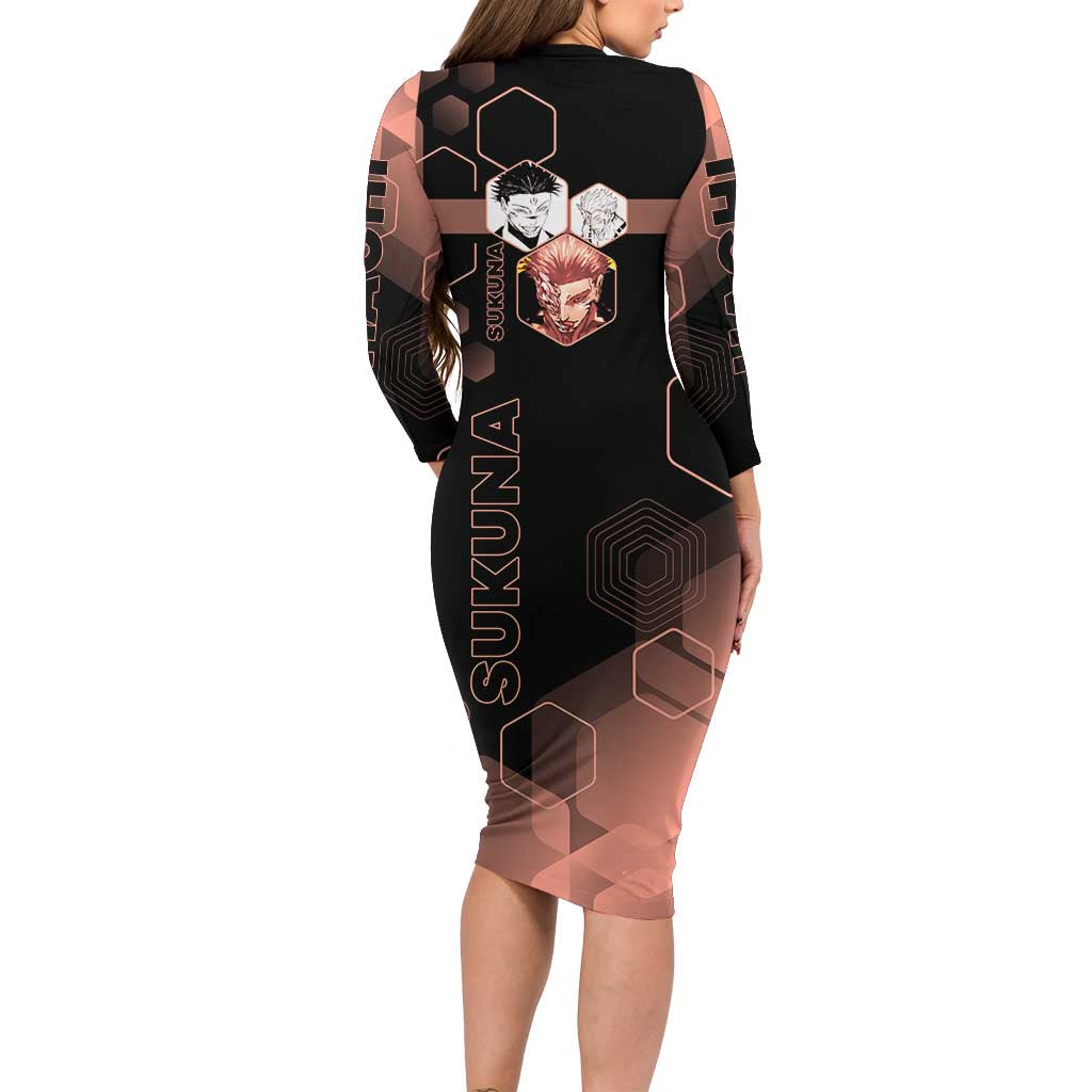 Ryomen Sukuna Jujutsu Kaisen Brown Hexagon Design Long Sleeve Bodycon Dress with Cursed Marks and Manga Style Art - The Mazicc
