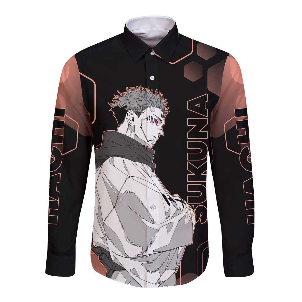 Ryomen Sukuna Jujutsu Kaisen Brown Hexagon Design Long Sleeve Button Shirt with Cursed Marks and Manga Style Art - The Mazicc
