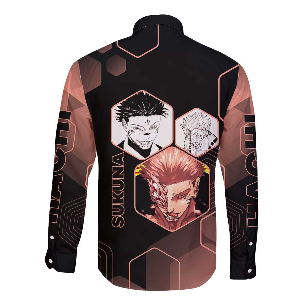 Ryomen Sukuna Jujutsu Kaisen Brown Hexagon Design Long Sleeve Button Shirt with Cursed Marks and Manga Style Art - The Mazicc