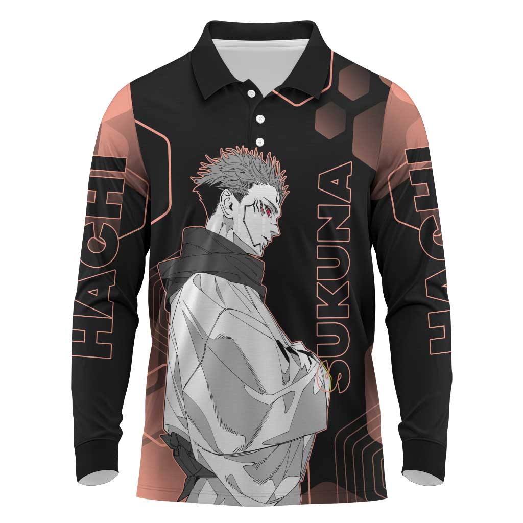 Ryomen Sukuna Jujutsu Kaisen Brown Hexagon Design Long Sleeve Polo Shirt with Cursed Marks and Manga Style Art - The Mazicc