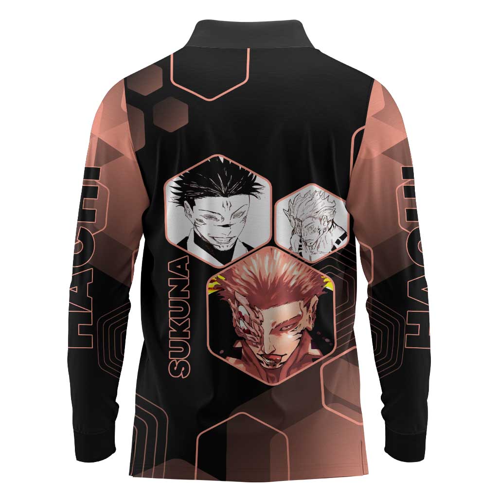 Ryomen Sukuna Jujutsu Kaisen Brown Hexagon Design Long Sleeve Polo Shirt with Cursed Marks and Manga Style Art - The Mazicc