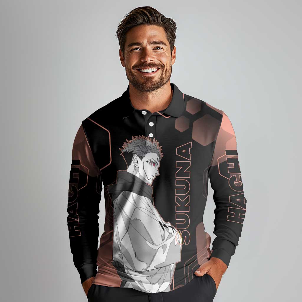 Ryomen Sukuna Jujutsu Kaisen Brown Hexagon Design Long Sleeve Polo Shirt with Cursed Marks and Manga Style Art - The Mazicc