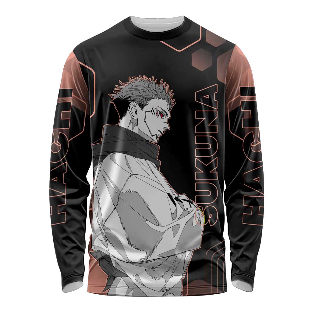 Ryomen Sukuna Jujutsu Kaisen Brown Hexagon Design Long Sleeve Shirt with Cursed Marks and Manga Style Art - The Mazicc