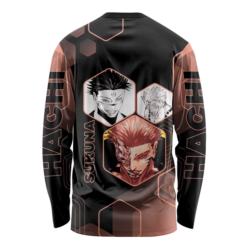 Ryomen Sukuna Jujutsu Kaisen Brown Hexagon Design Long Sleeve Shirt with Cursed Marks and Manga Style Art - The Mazicc