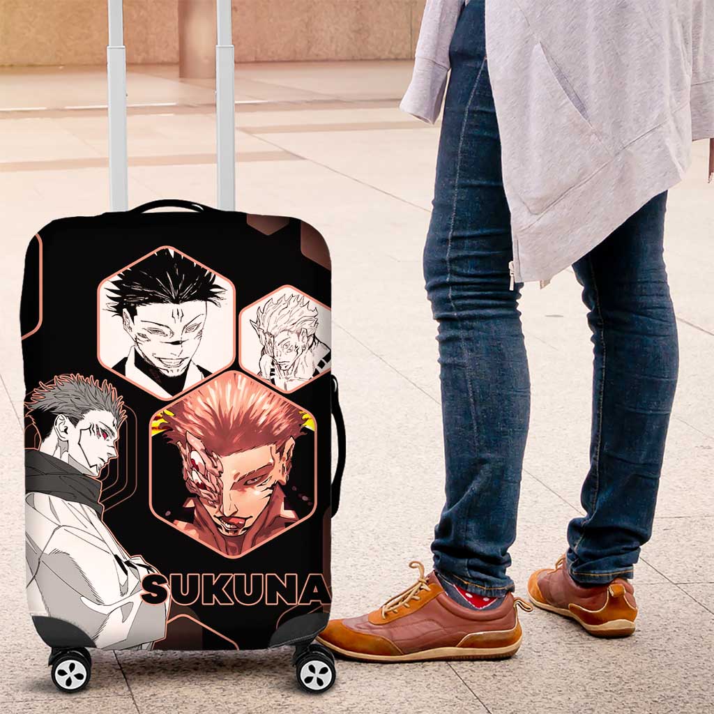 Ryomen Sukuna Jujutsu Kaisen Brown Hexagon Design Luggage Cover with Cursed Marks and Manga Style Art - The Mazicc