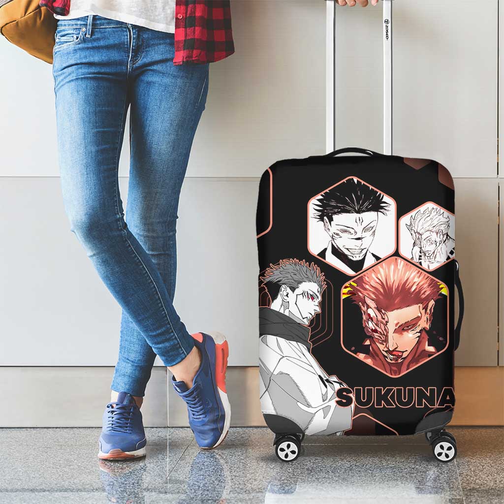 Ryomen Sukuna Jujutsu Kaisen Brown Hexagon Design Luggage Cover with Cursed Marks and Manga Style Art - The Mazicc