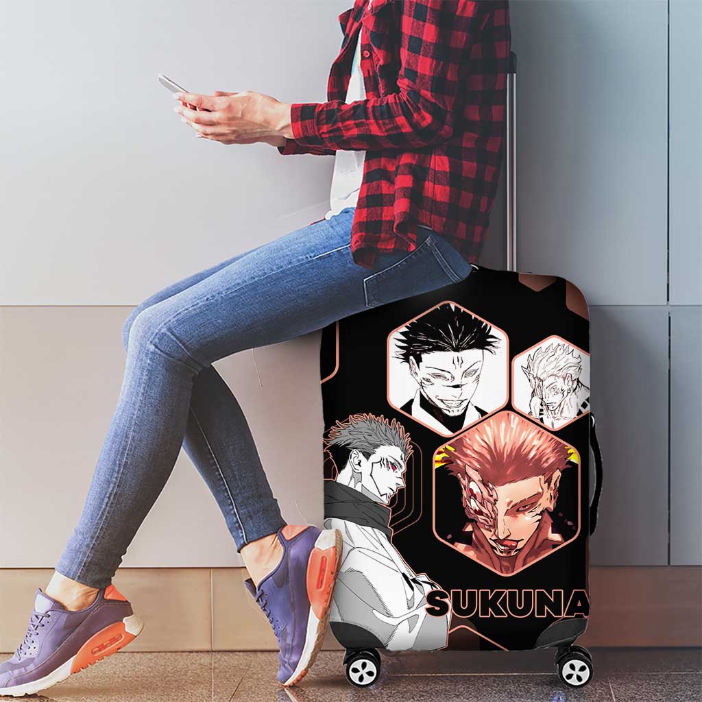 Ryomen Sukuna Jujutsu Kaisen Brown Hexagon Design Luggage Cover with Cursed Marks and Manga Style Art - The Mazicc