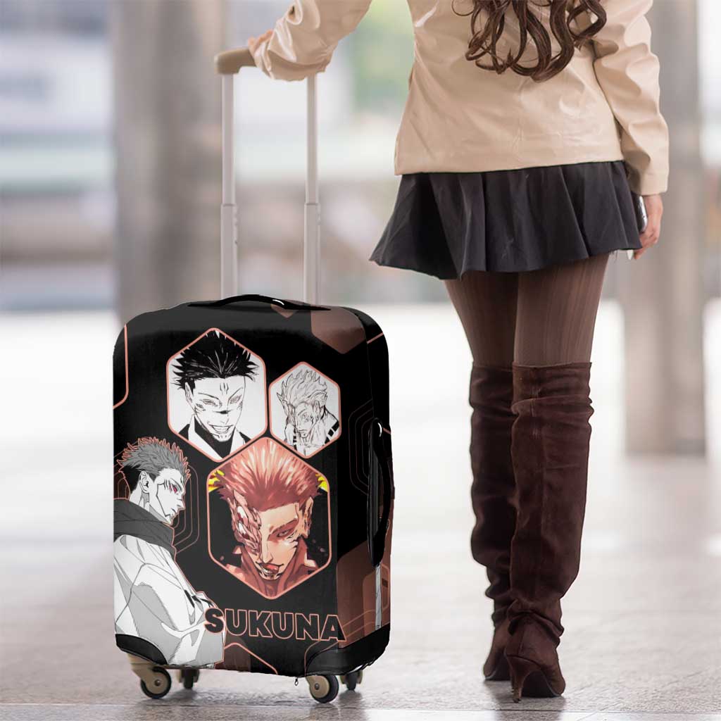 Ryomen Sukuna Jujutsu Kaisen Brown Hexagon Design Luggage Cover with Cursed Marks and Manga Style Art - The Mazicc
