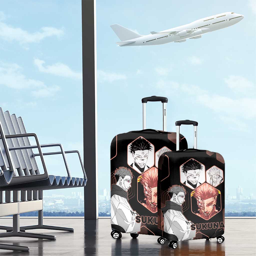 Ryomen Sukuna Jujutsu Kaisen Brown Hexagon Design Luggage Cover with Cursed Marks and Manga Style Art - The Mazicc