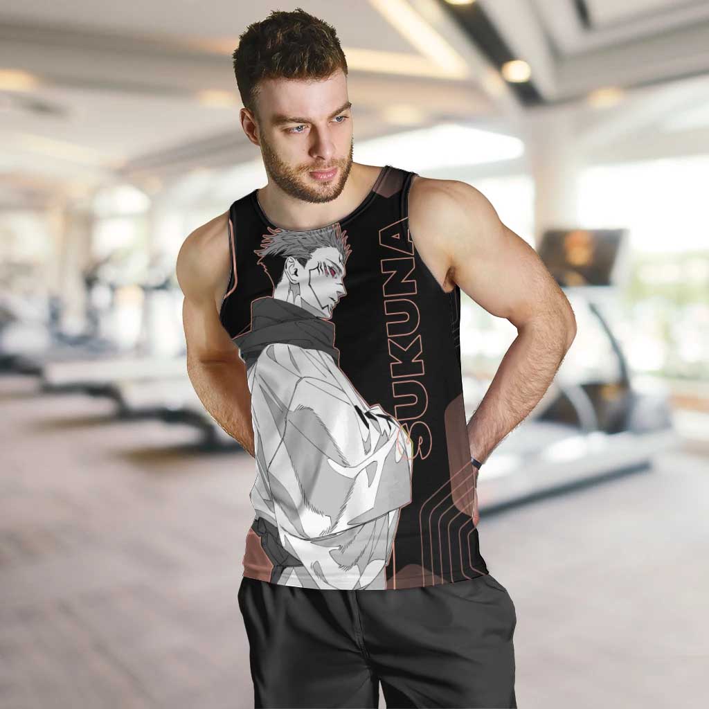 Ryomen Sukuna Jujutsu Kaisen Brown Hexagon Design Men Tank Top with Cursed Marks and Manga Style Art - The Mazicc