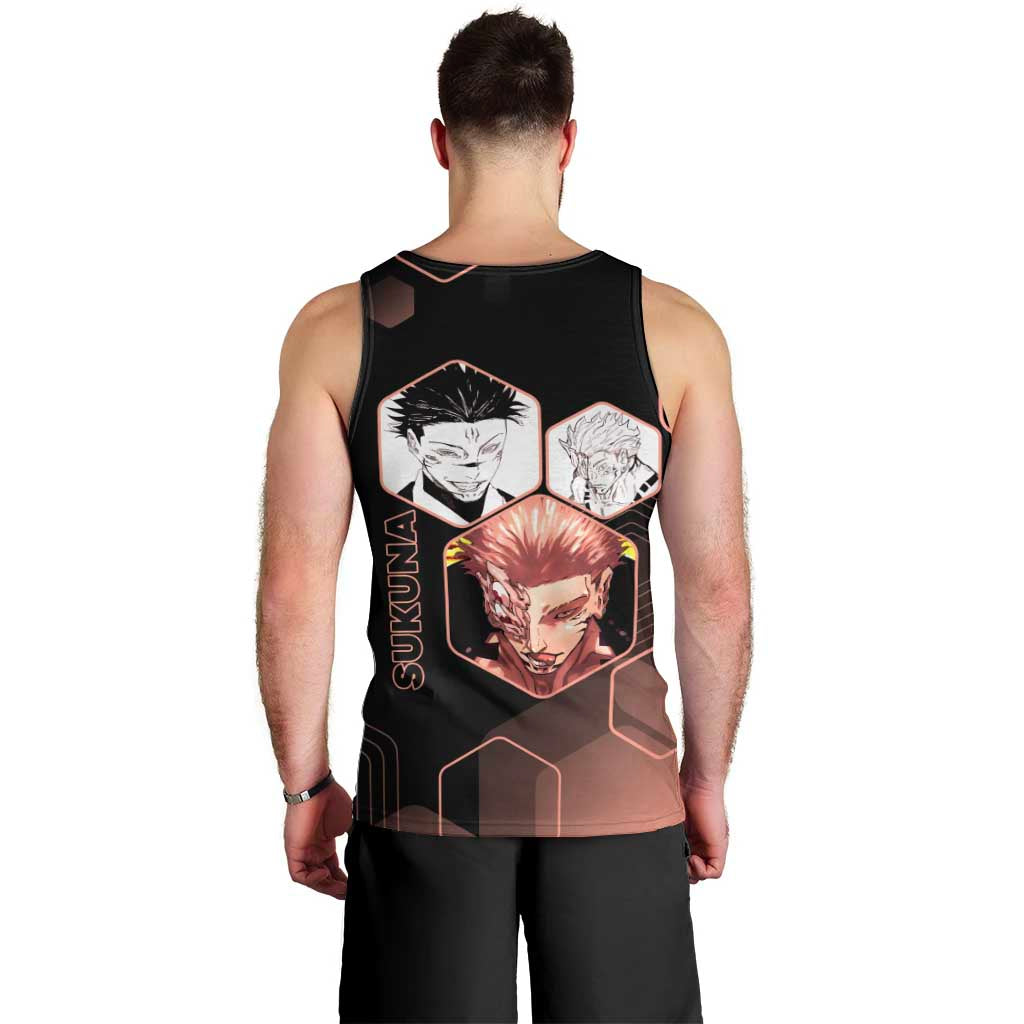 Ryomen Sukuna Jujutsu Kaisen Brown Hexagon Design Men Tank Top with Cursed Marks and Manga Style Art - The Mazicc