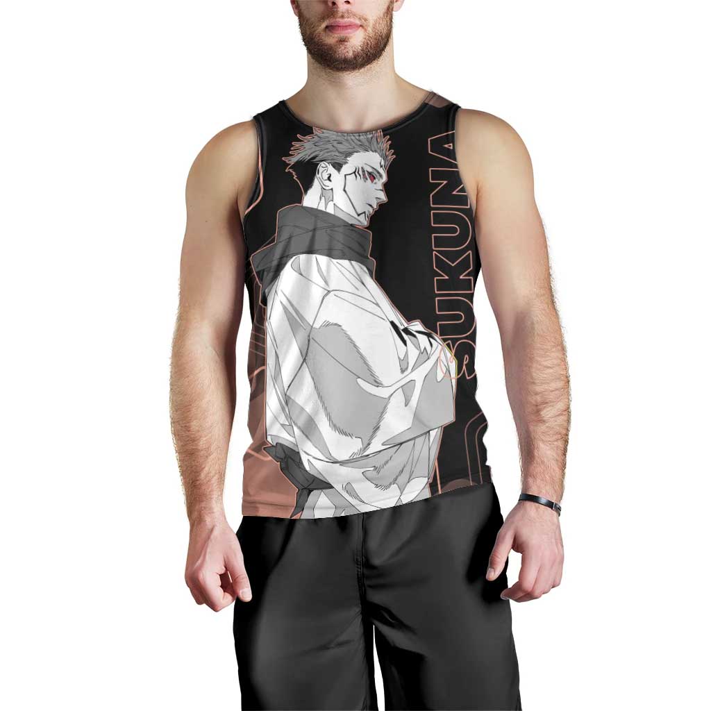 Ryomen Sukuna Jujutsu Kaisen Brown Hexagon Design Men Tank Top with Cursed Marks and Manga Style Art - The Mazicc